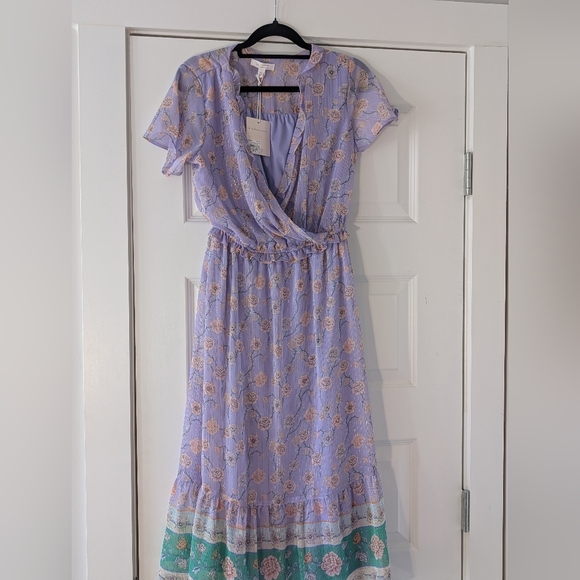LC Lauren Conrad Lavender Floral Wrap Maxi Dress with Green Border Size XS - Picture 3 of 10